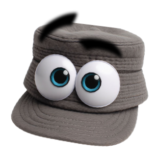 Anthropomorphised grey army cap with blue eyes and raised eyebrows 